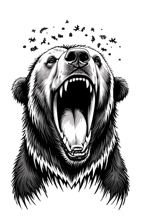 Open Bears Mouth Facing Forward With An Alaskan Themed Background