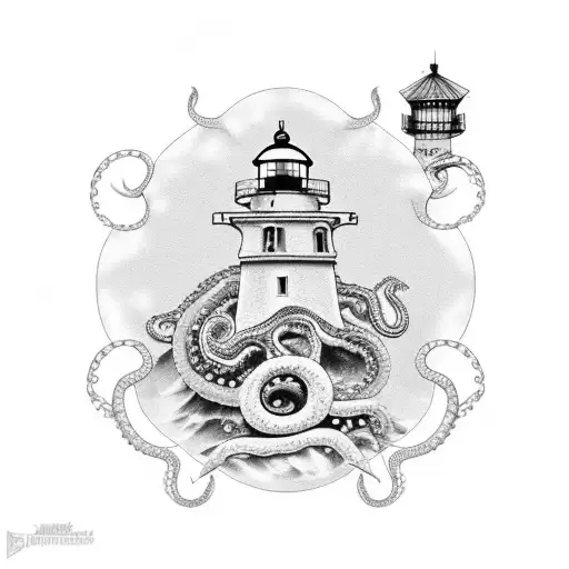 Lighthouse At The Top And Octopus Around An Anchor At The Bottom And A Rose In The Middle