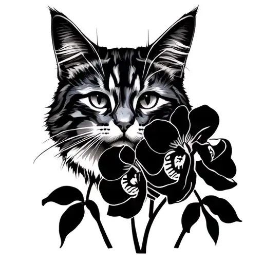 Silhouette Of A Maine Coon Cat With Black Orchids