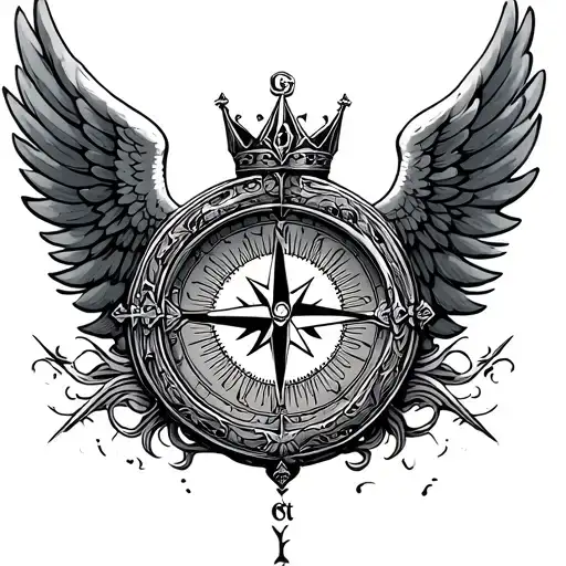 Compass Facing North With A Cross Angel Wings Crown