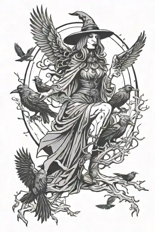 Female Witch With Crows Perched