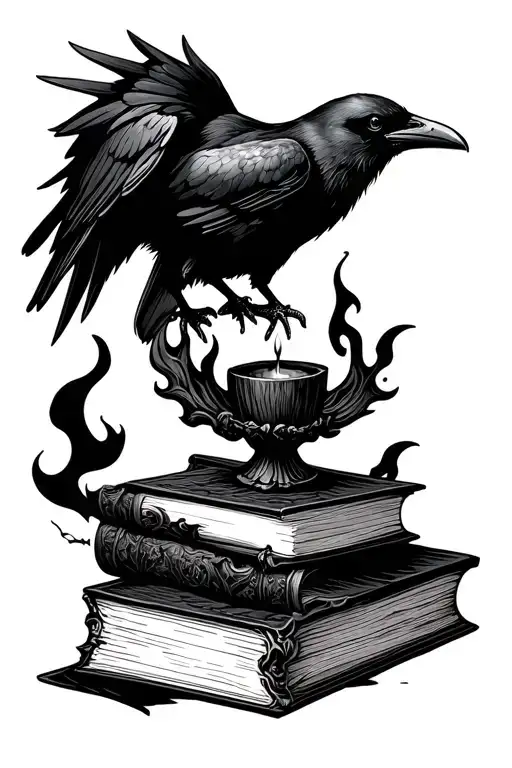 Raven On Top Of Spellbooks With A Hocus Pocus Black Flame Candle