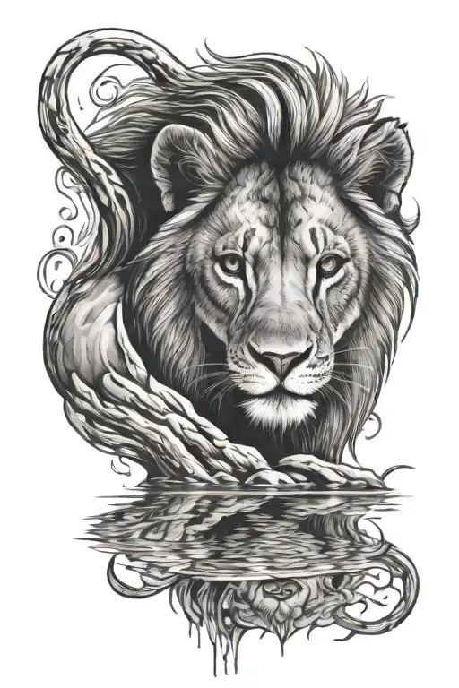 Make A Lion Looking In A River And The Reflection Is A Baby Lion