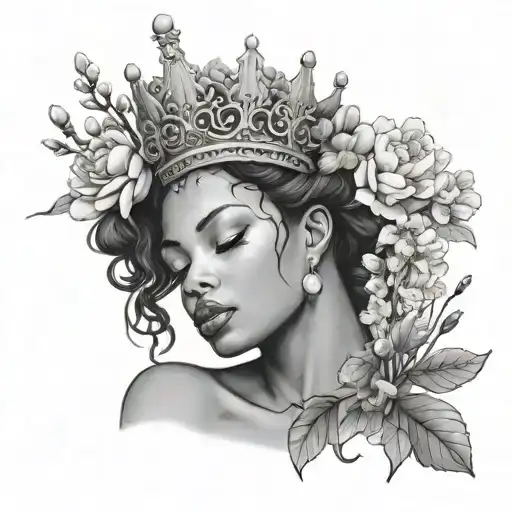 African American Virgo Tattoo Wearing A Crown Made Of Peonies And Cherry Blossoms