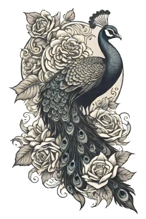Peacock With Roses Blooming Out Of Tail