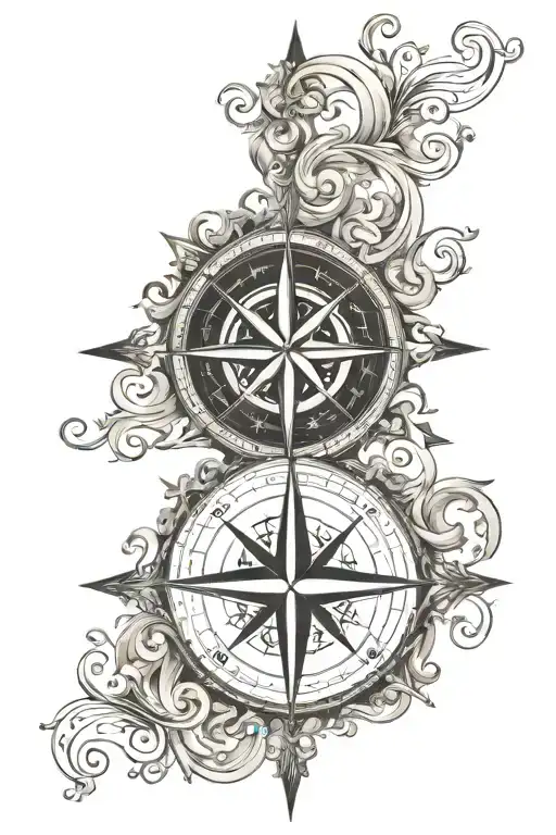 Back Tattoo Of A Compass Rose Surrounded By Musical Notes