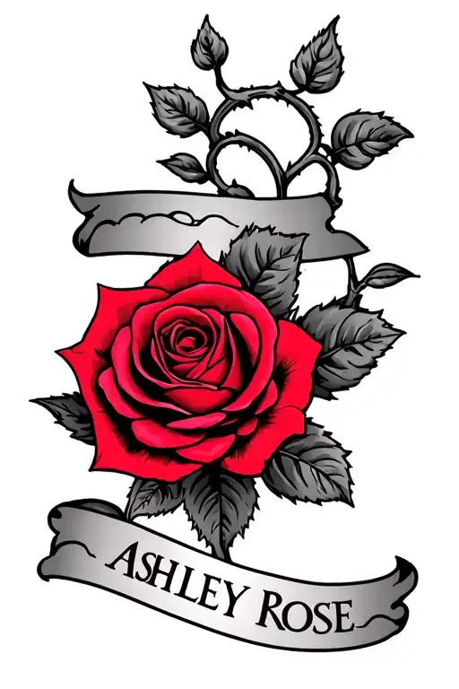The Name Ashley Rose With A Small Vine Intertwined And A Red Rose
