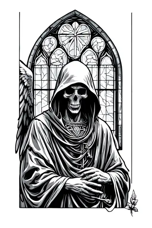 Angel Of Death In Hooded Robe In Front Of A Stained Glass Window Looking Down