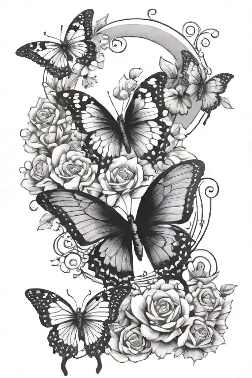 Cresent Moon And Butterfly And Flowers Intertwined