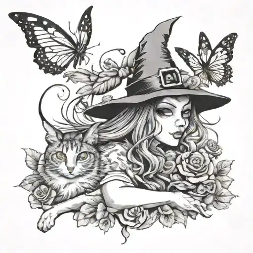Witch And Butterflies And Cat Sitting