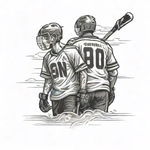 Son On Dads Shoulders Wearing Hockey Jerseys Facing Back Wards While Walking