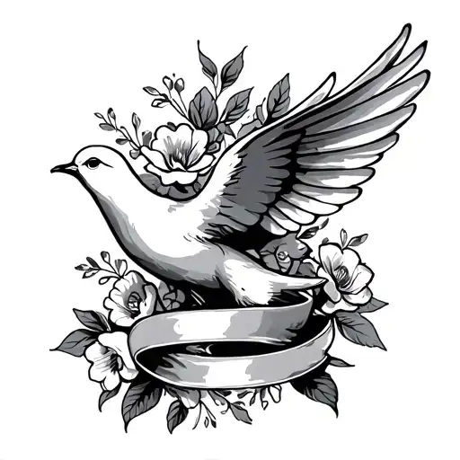 Dove Downwards With Ribbon And Flowers Intertwined