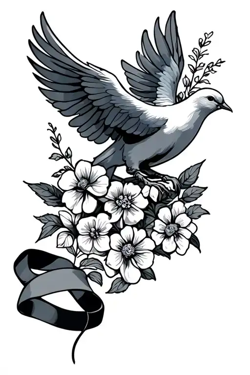 Dove Downwards With Ribbon And Flowers Blooming