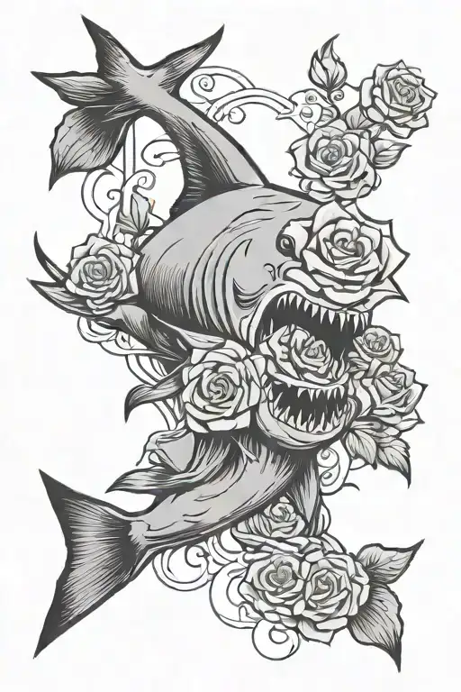 Hammer Head Shark With A Rose Intertwined