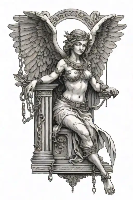 A Winged Female Figure With Ancient Greek Clothes And Chained Feet Between Two Columns