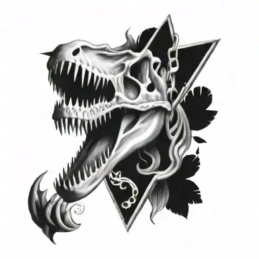 T-rex Skull With Triangle In Background Flaming With Some Vines