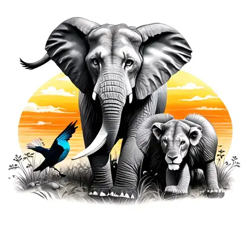 Lion And Cub Sunset Elephant 3 Birds