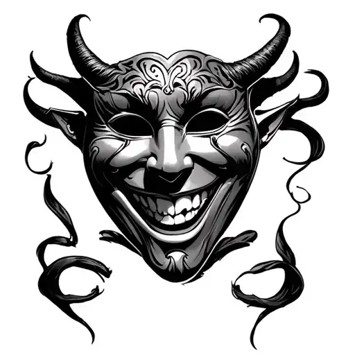 Tattoo About A Demon Revealing His True Face Behind A Smiling Theatrical Mask