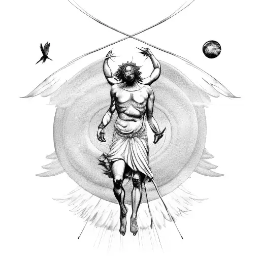 Icarus Falling From The Sun With His Wax Wings And Feathers Melting Around Him