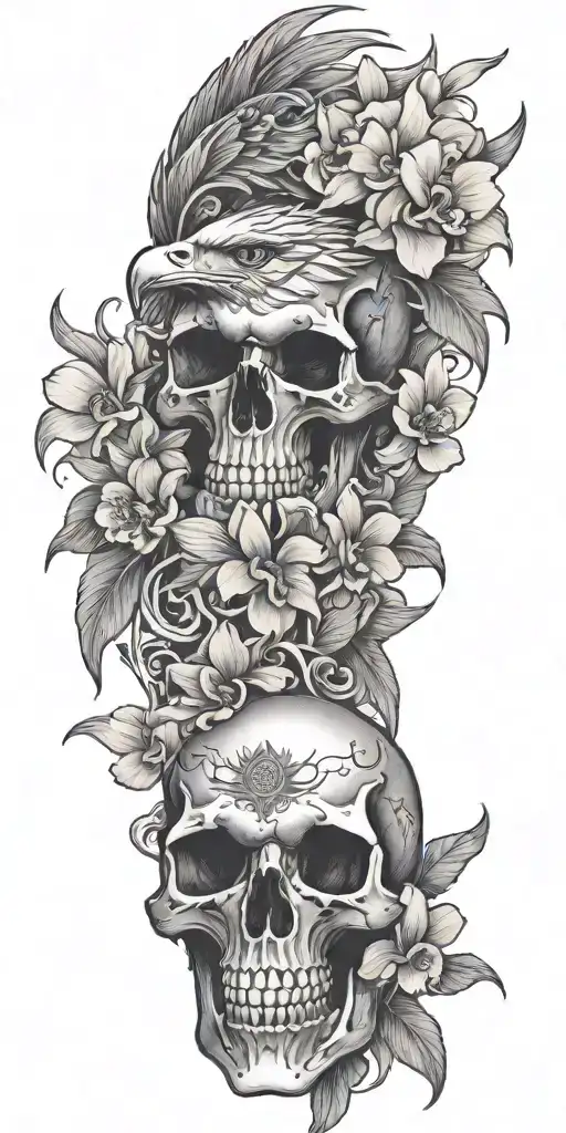 An Eagle Skull Adorned With Orchids And Surrounded By Egyptian Symbols