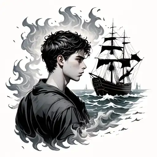 A Young Man With Backbound Ships In Fire