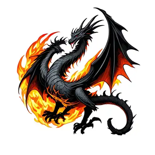 A Black Dragon Inside A Burning Phoenix Bird