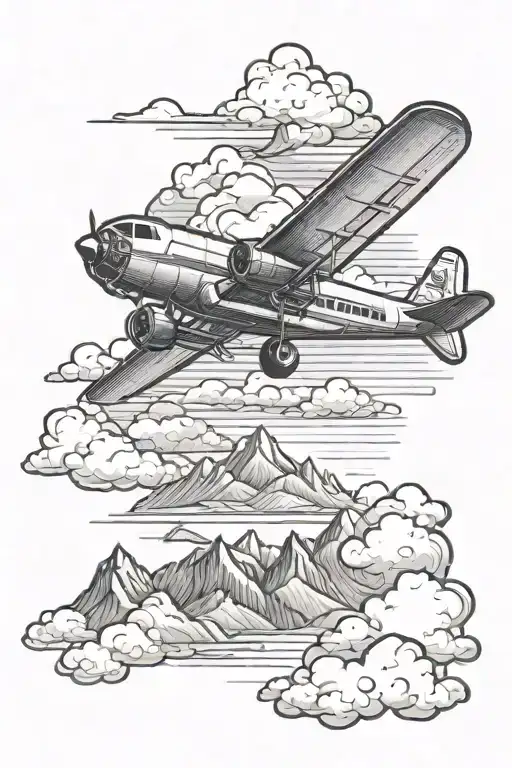 A Black-grey Tattoo Of An Airplane Flying Over A Scenic Colorado Landscape
