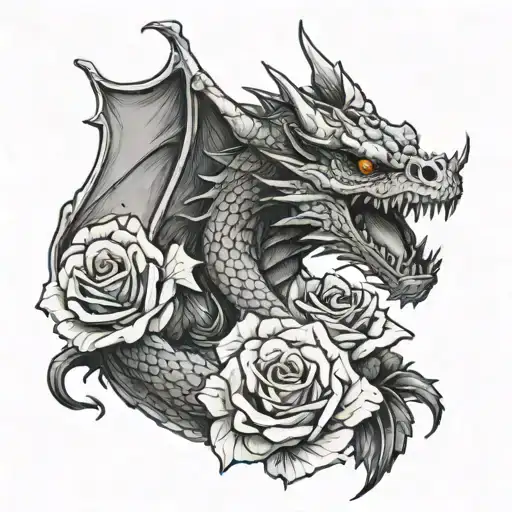 A Scaled Evil Dragon With Skulls And Roses In The Background