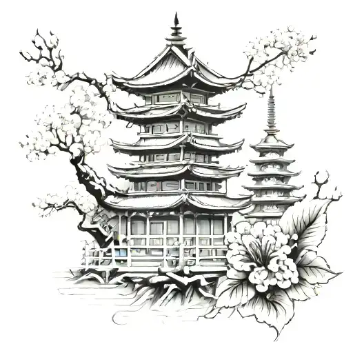 Japanese Pagoda With Samurai And Blossom Flowers Blooming