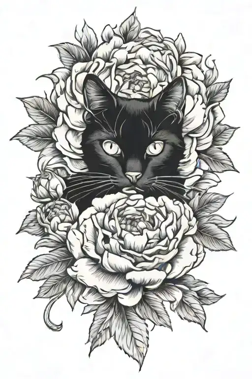 Black Cat Wirh Peony Flower Blooming