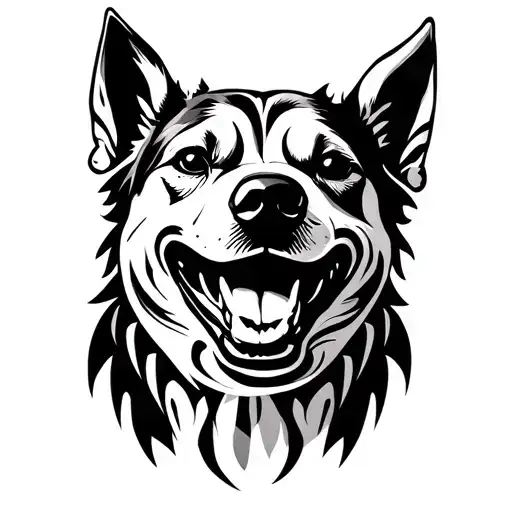 A Dog Head That Shows Its Teeth With Tribal Patterns In Black And White