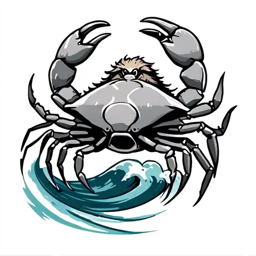Cartoon Cancer Crab With Leo Mane Sitting On The Aquarius Wave Symbol