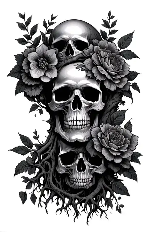 Skulls And Flowers Wrapping Tree With Roots