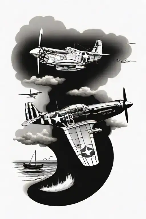 P51 Mustang Flying Over A Beach With A Man Fishing For Stripe Bass