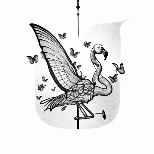 Flamingo With Butterflies And A Lantern
