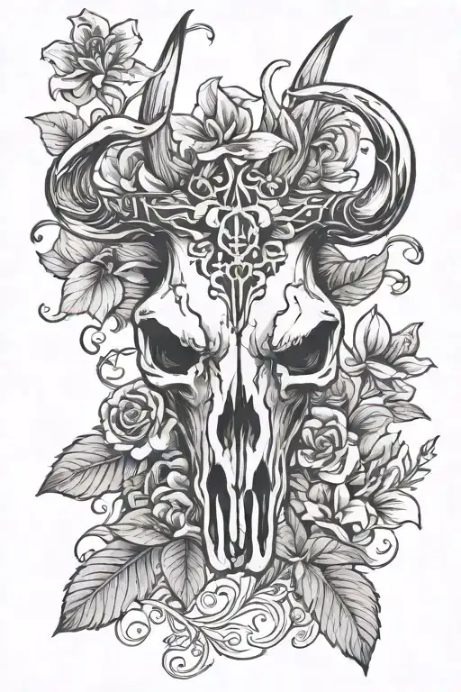 Bull Skull Surrounded By 3 Leaf Clovers And Lily's