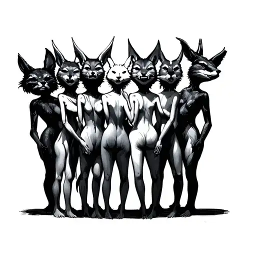 8 People With Animal Heads Holding Hands And Dancing In A Circle Drawn Style