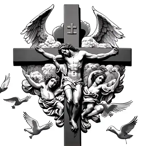 Cross With Jesus Christ Surrounded By A Angel And Doves