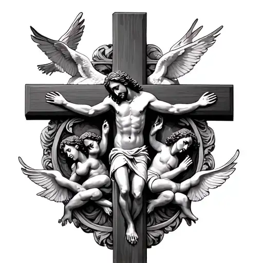 Cross With Jesus Christ Surrounded By A Angel And Doves