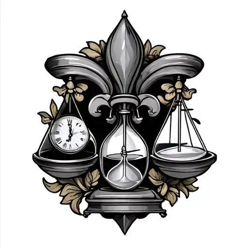 Fleur De Lis Libra Scale Combined With Hourglass And Clock