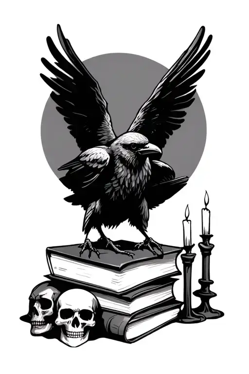 Raven Perched On A Stack Of 3 Spell Books With A Skull And Two Candles Positioned On Either Side