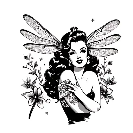 50S Pin Up Girl With Dragonfly Tattoo Design Stencil