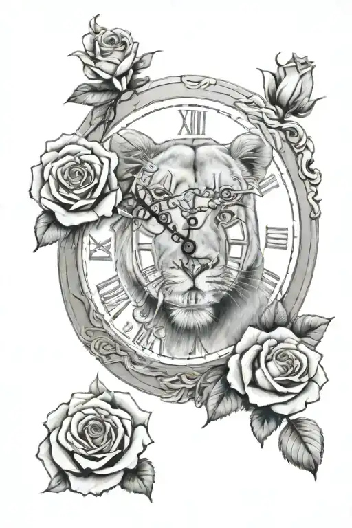 Lioness Clock Roses Female Tattoo Design