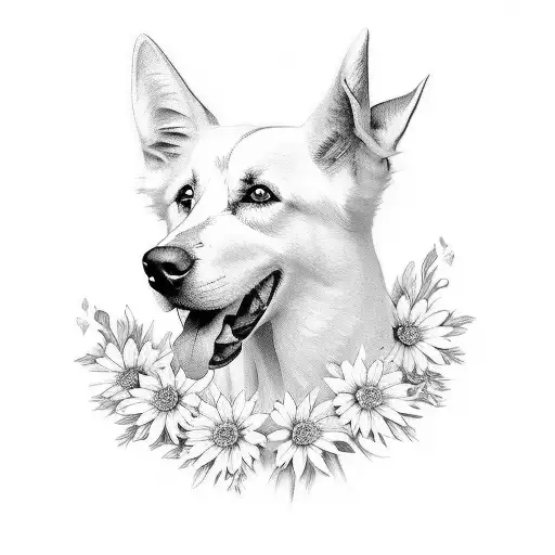White Swiss Shepherd Dog With Edelweiss Flowers Around Him