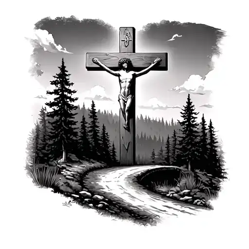 A Winding Road In The Forest With A Giant Crucifix Covering The Road