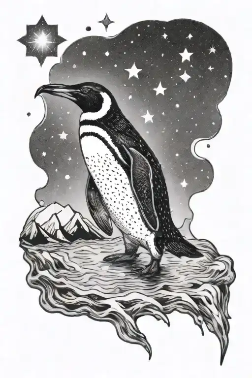 Penguin Looking Up At The Sky Filled With Stars While Inside A Lake