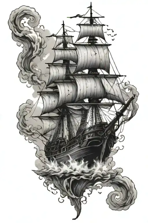 Sinking Pirate Ship Sailing Through Stormy