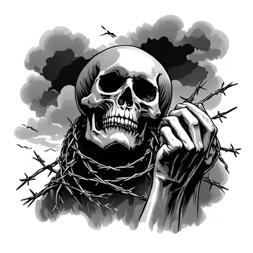 Skull Looking Up At Sky With Hands Next To It All Wrapped In Barbed Wire