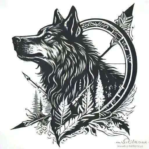 Black Wolf Silhouette In Front Of Native American Arrow