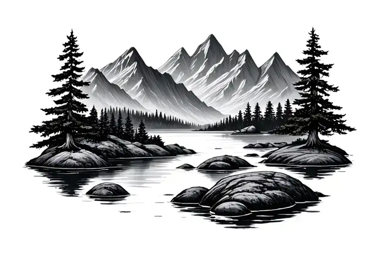 Mountains With Pond And Tree Realism